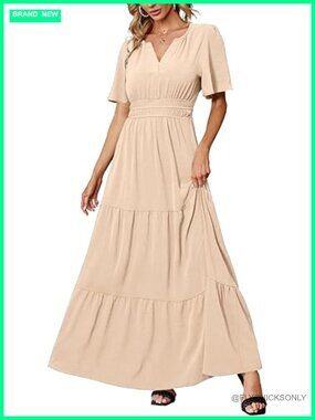 V Neck Flutter Sleeve Tiered Ruffle Maxi Dress A-Line High Waist